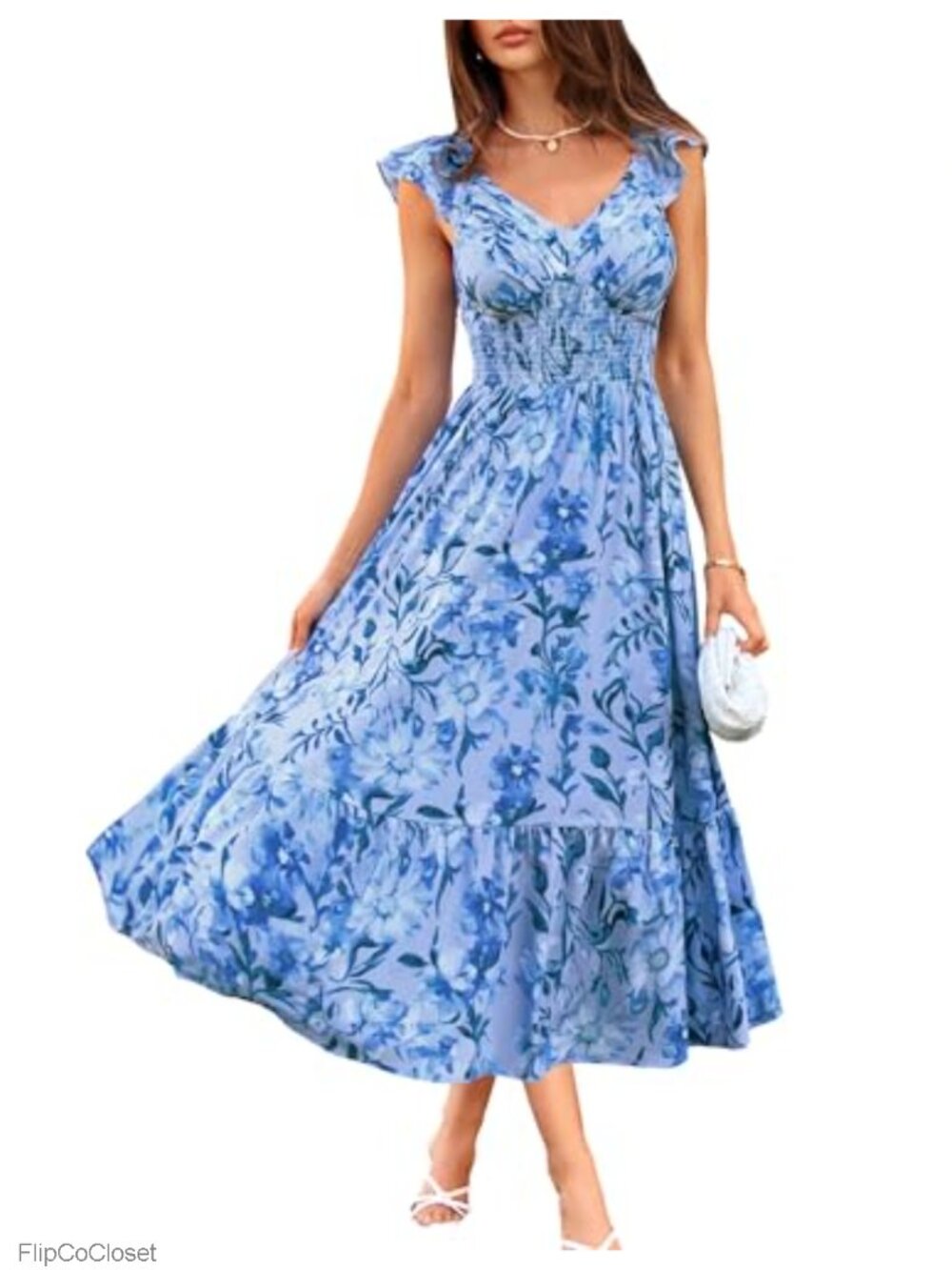 Women's Floral Maxi Wedding Guest Dress V-Neck Ruffle Sleeve Chiffon